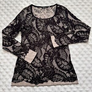 NIC+ZOE Tan Black Lace Pattern Scoop Pullover Cotton Long Sleeve Sweater Size S
